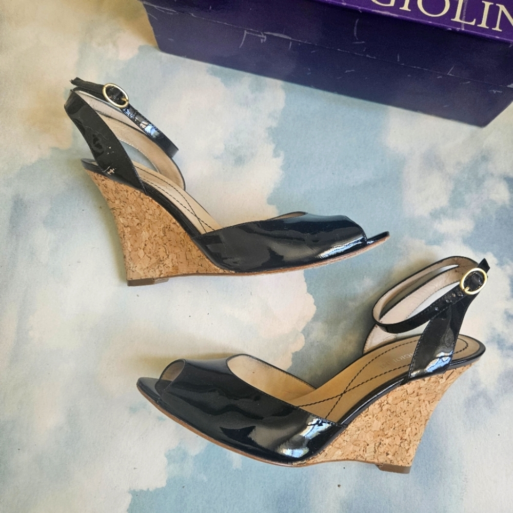 Y2K Cork Patent Black Wedge Heels Vintage Wedges, Black Wedges, Wood Wedges